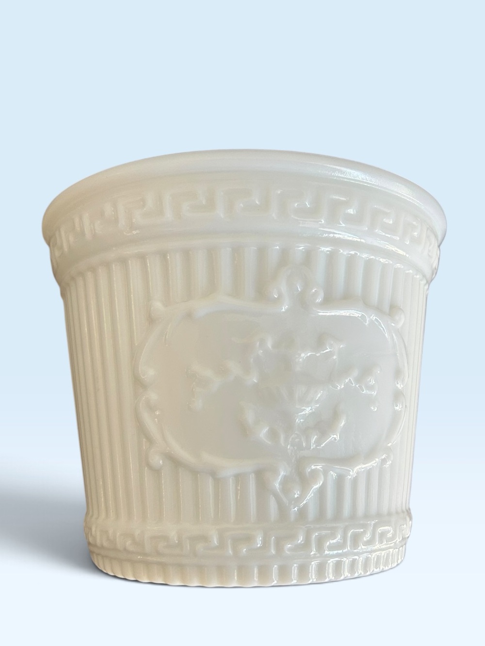 White Milk Glass Planter Ribbed Floral & Greek Key Design